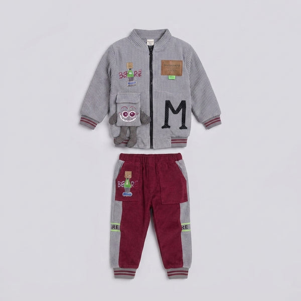 Boys Grey and Maroon Corduroy Bomber Jacket and Track Pants Set