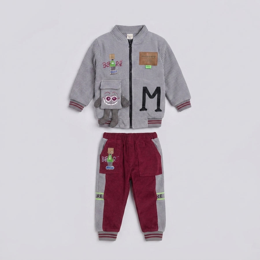 Boys Grey and Maroon Corduroy Bomber Jacket and Track Pants Set