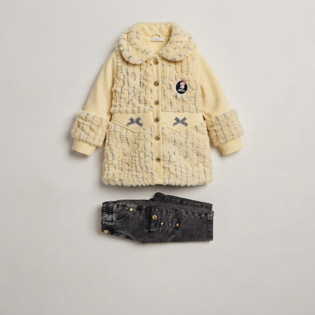 Chic Girls' Pale Yellow Faux-Fur with Dark Grey Jeans Set