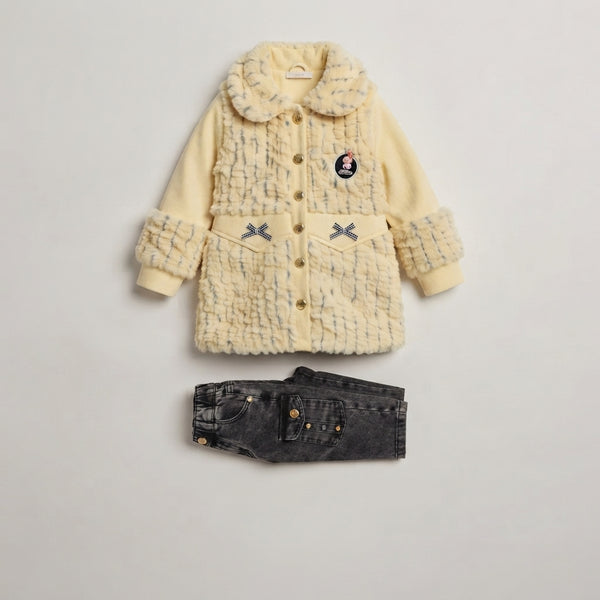 Chic Girls' Pale Yellow Faux-Fur with Dark Grey Jeans Set