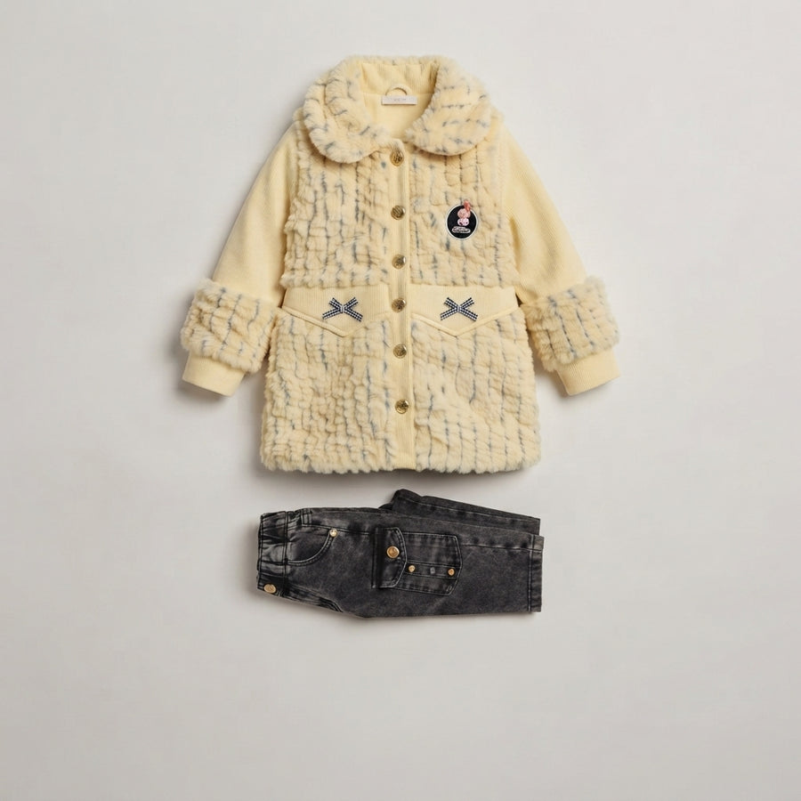 Chic Girls' Pale Yellow Faux-Fur with Dark Grey Jeans Set