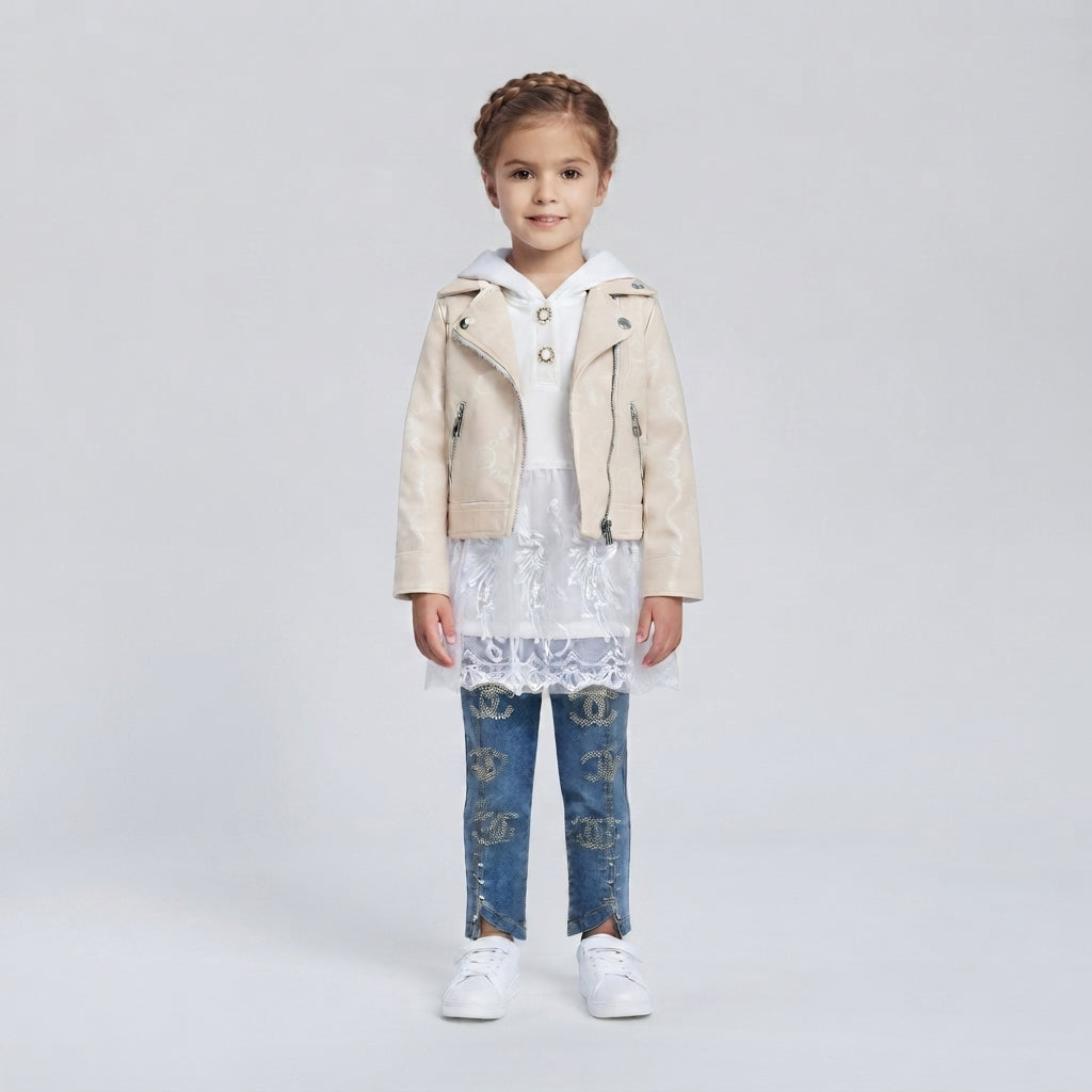 Girls Leather Jacket 3-Piece Set with Hoodie & Jeans