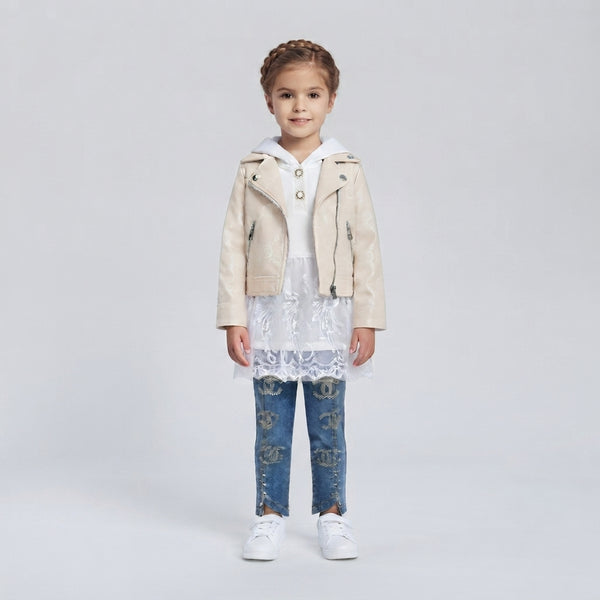 Girls Leather Jacket 3-Piece Set with Hoodie & Jeans