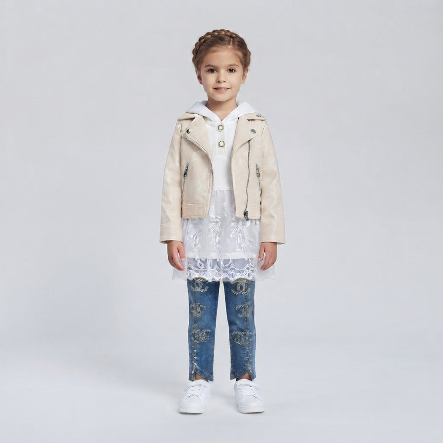 Girls Leather Jacket 3-Piece Set with Hoodie & Jeans