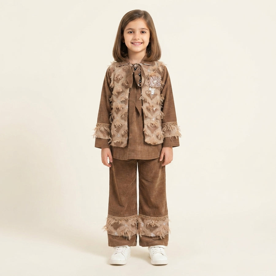 Girls Brown Corduroy Fringe & Lace Set