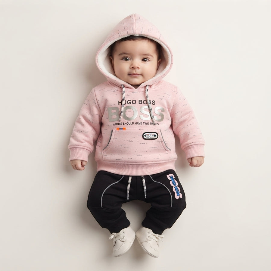 Baby Girls Stylish Hooded Winter Coat & Denim Butterfly Jeans Set