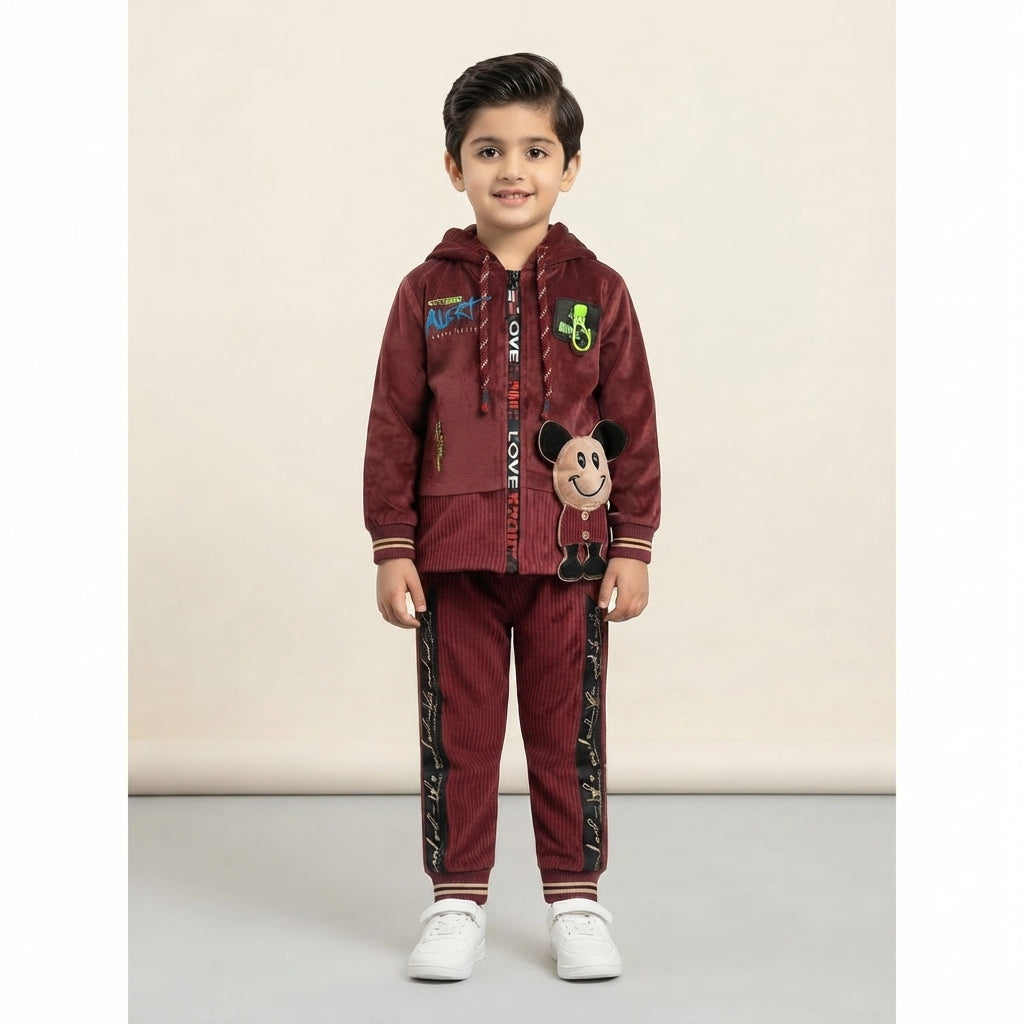 Kids Maroon Velvet 2-Piece Tracksuit with Hoodie & Character Patch