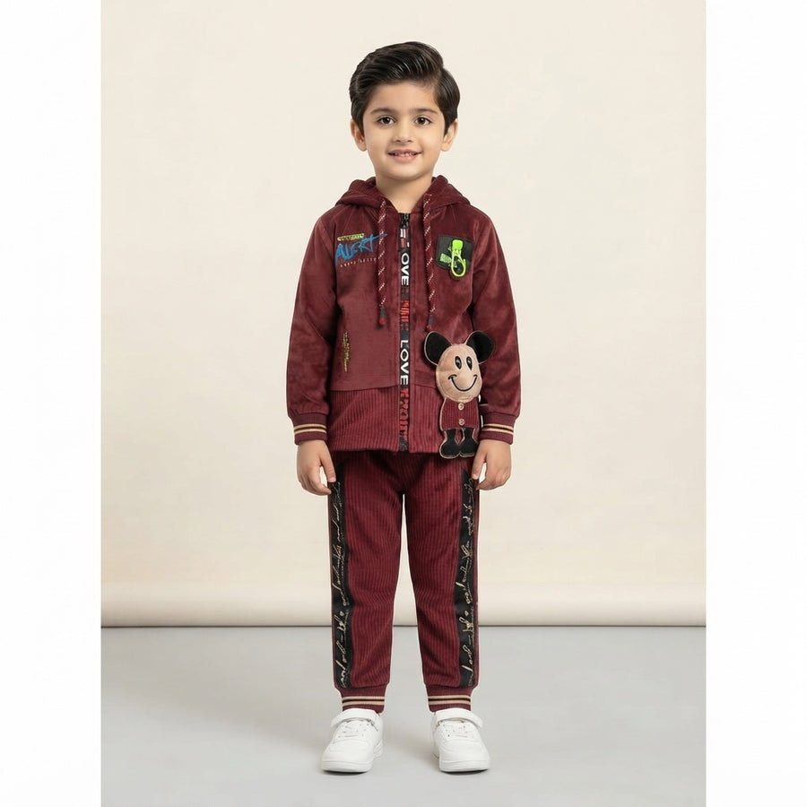 Kids Maroon Velvet 2-Piece Tracksuit with Hoodie & Character Patch