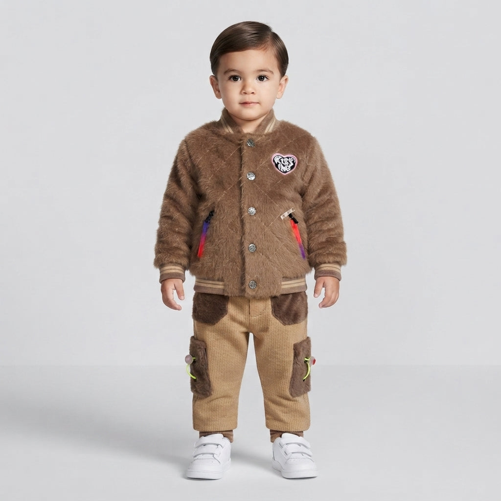 Toddler Boys Brown Faux-Fur Bomber Jacket and Cargo Trousers Set