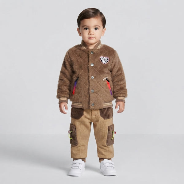 Toddler Boys Brown Faux-Fur Bomber Jacket and Cargo Trousers Set