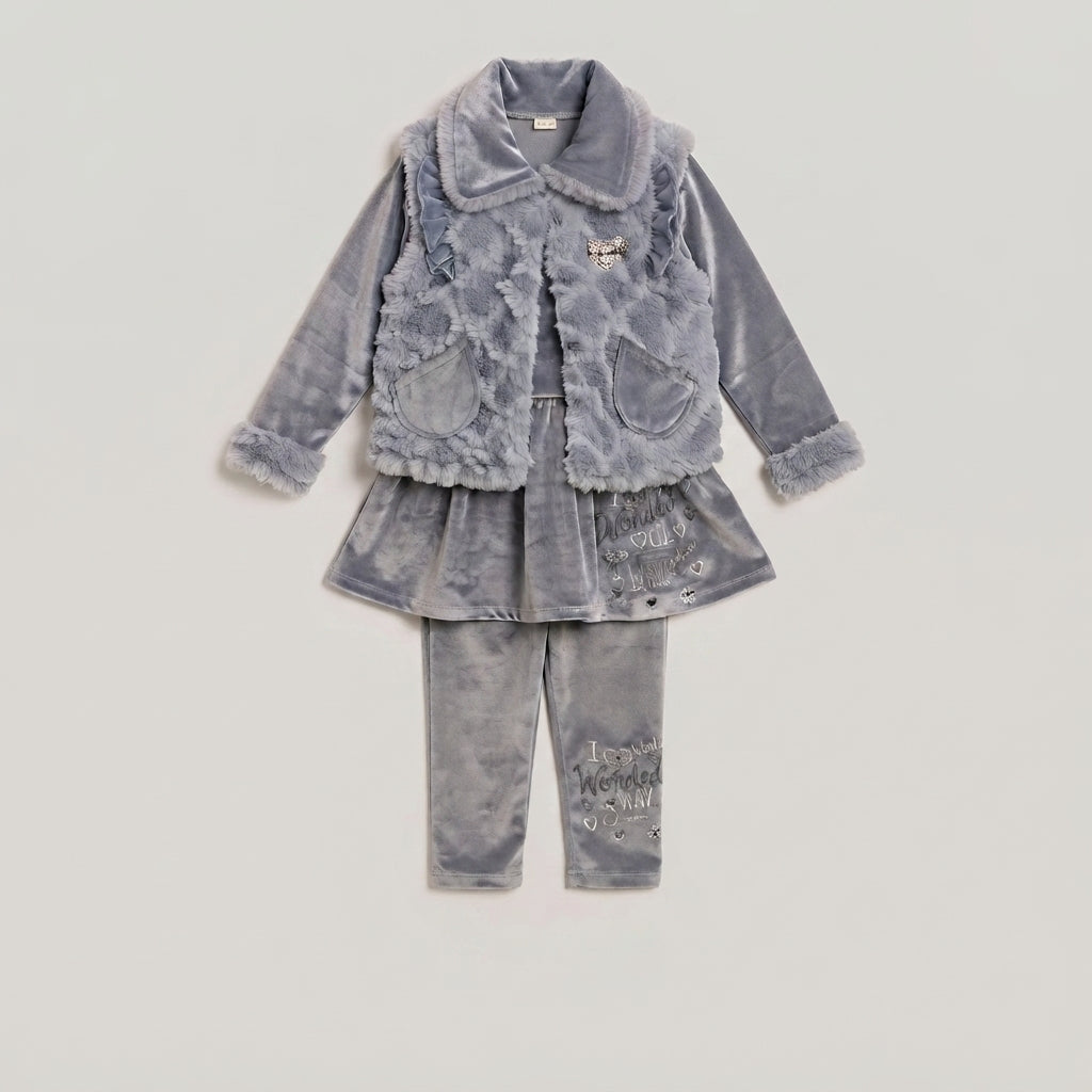 Grey Velvet 3-Piece Girls Suit with Fur Details