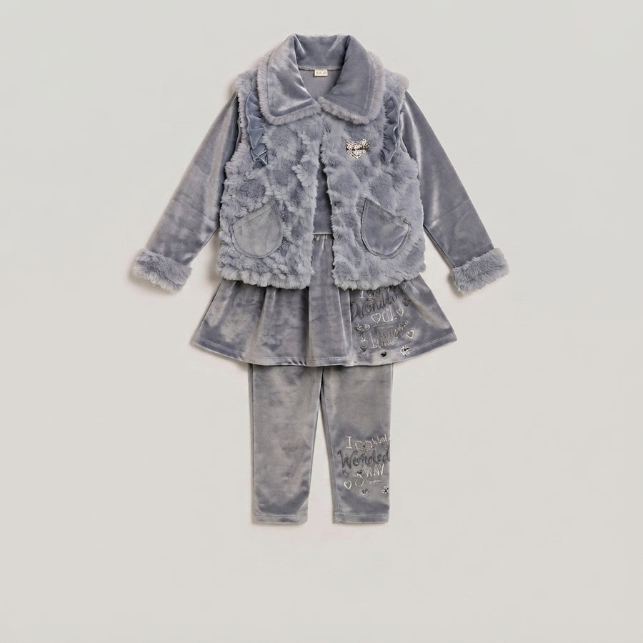 Grey Velvet 3-Piece Girls Suit with Fur Details
