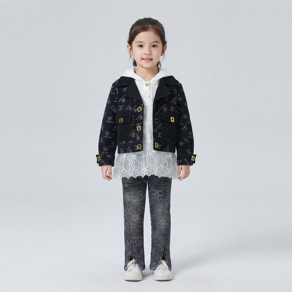 Girls 3-Piece Winter Suit – Luxury Black Jacket, Stylish Hoodie Stretchable Denim Jeans