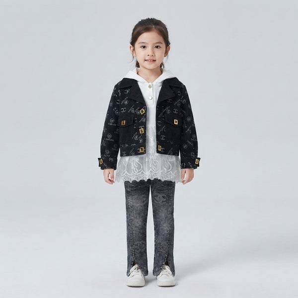 Girls 3-Piece Winter Suit – Luxury Black Jacket, Stylish Hoodie Stretchable Denim Jeans