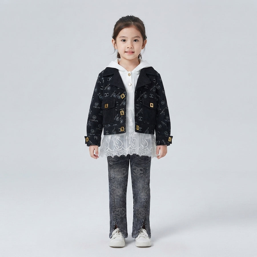 Girls 3-Piece Winter Suit – Luxury Black Jacket, Stylish Hoodie Stretchable Denim Jeans