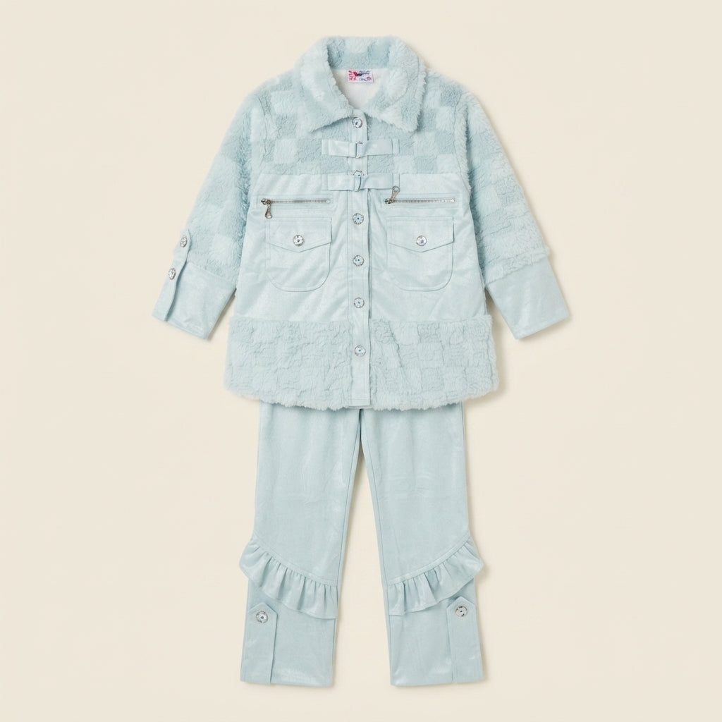 Cozy Blue Faux-Fur Jacket and Ruffled Trouser Set – — Photo 2