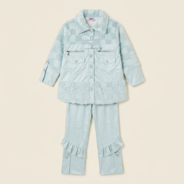 Cozy Blue Faux-Fur Jacket and Ruffled Trouser Set – — Photo 2