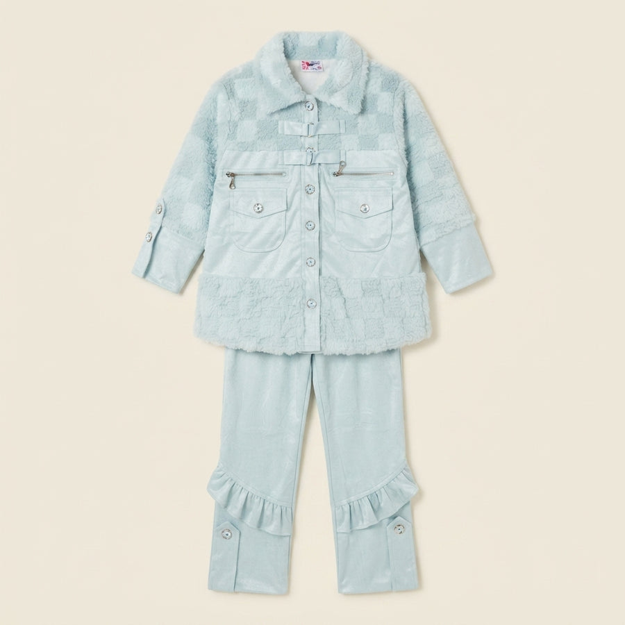 Cozy Blue Faux-Fur Jacket and Ruffled Trouser Set – — Photo 2