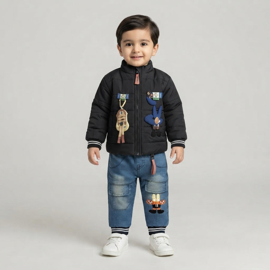 Boys Black Quilted Jacket & Denim Cargo Set