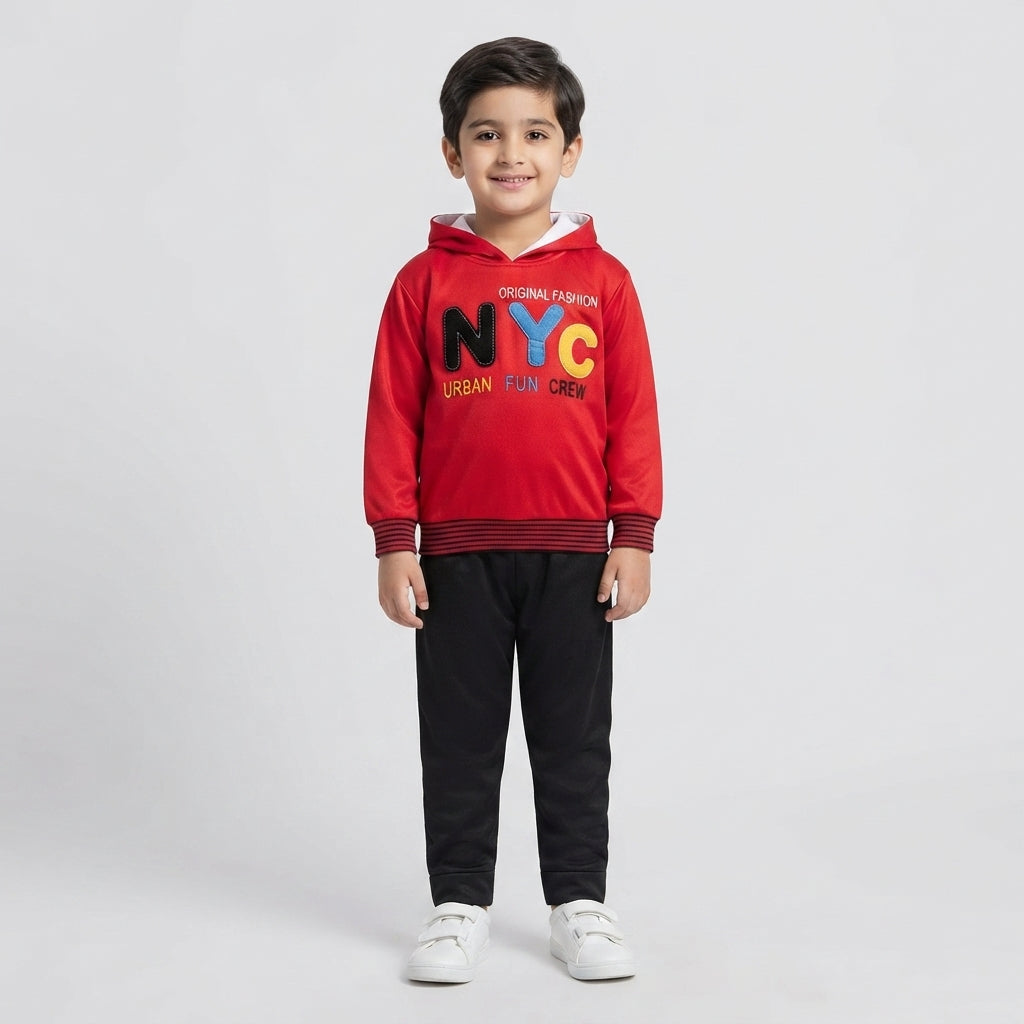 Boys Red Hooded Tracksuit with Black Trousers