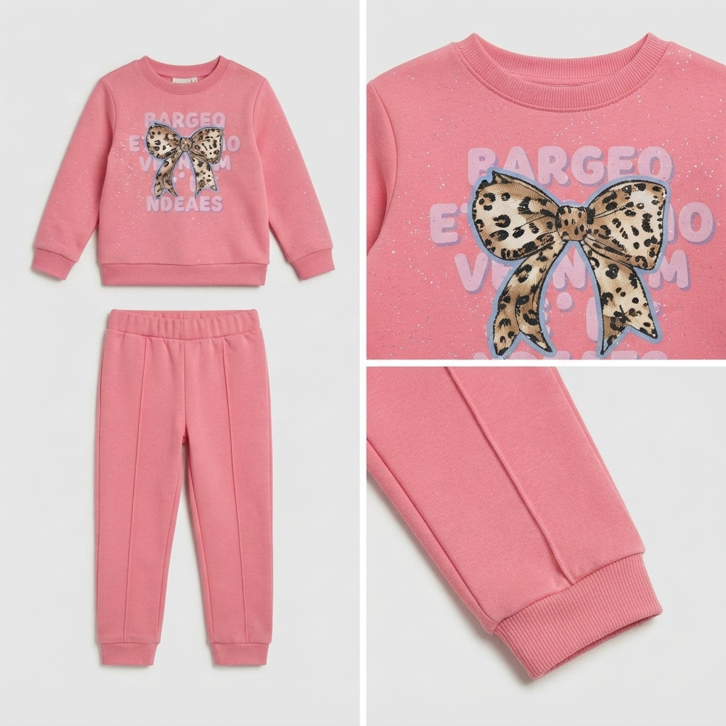 Girls Pink Leopard Print Bow Sweatshirt — Photo 2