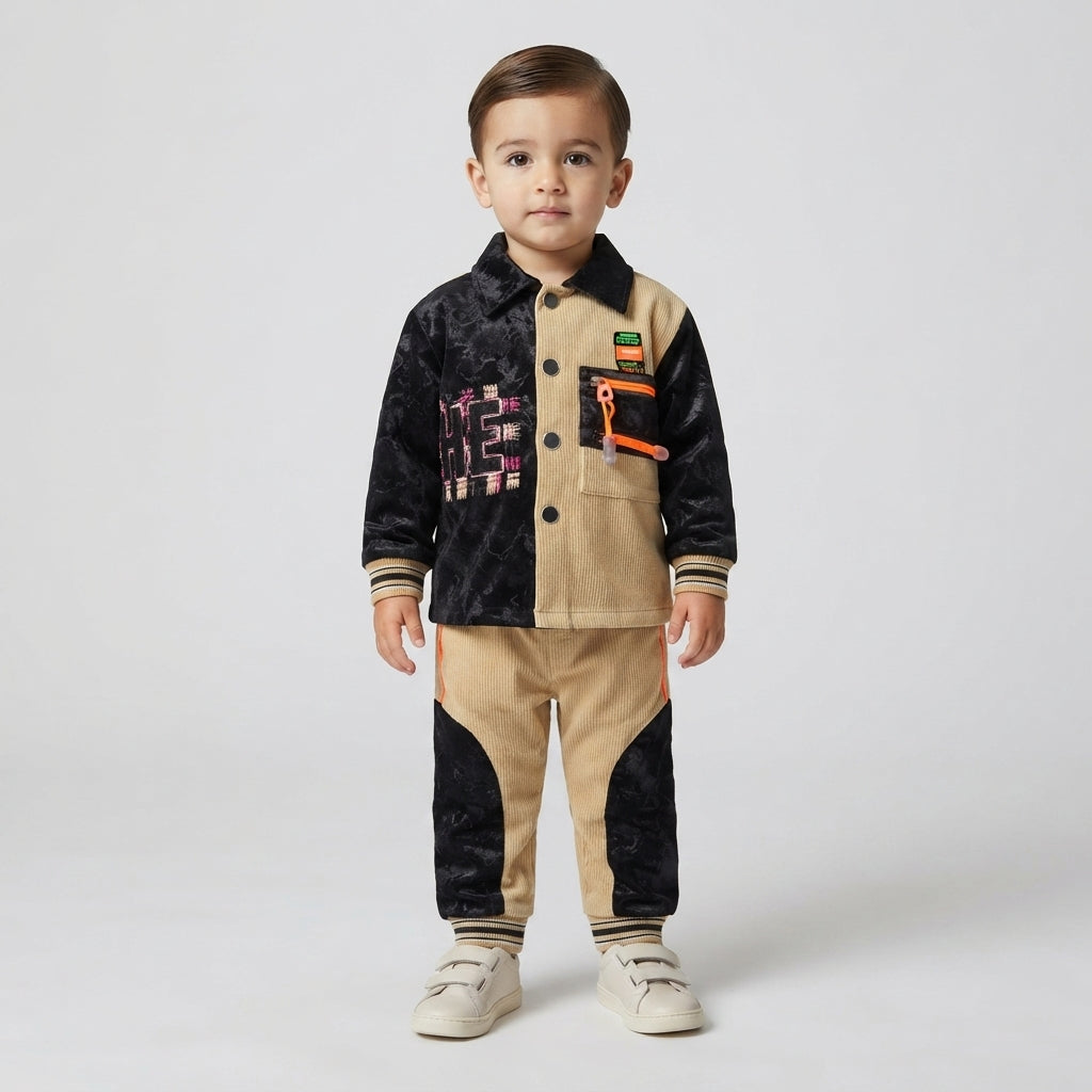 Boys Black & Beige Color-Block Stylish 2-Piece Suit | Toddler Winter Outfit