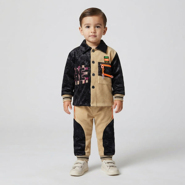 Boys Black & Beige Color-Block Stylish 2-Piece Suit | Toddler Winter Outfit
