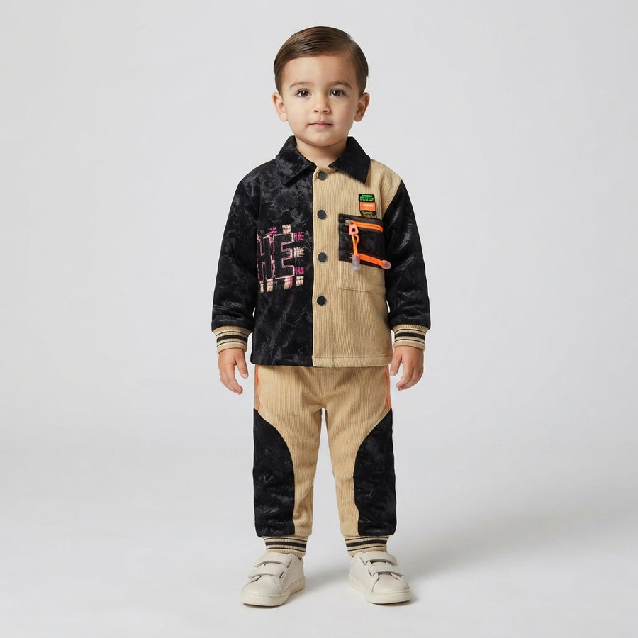 Boys Black & Beige Color-Block Stylish 2-Piece Suit | Toddler Winter Outfit