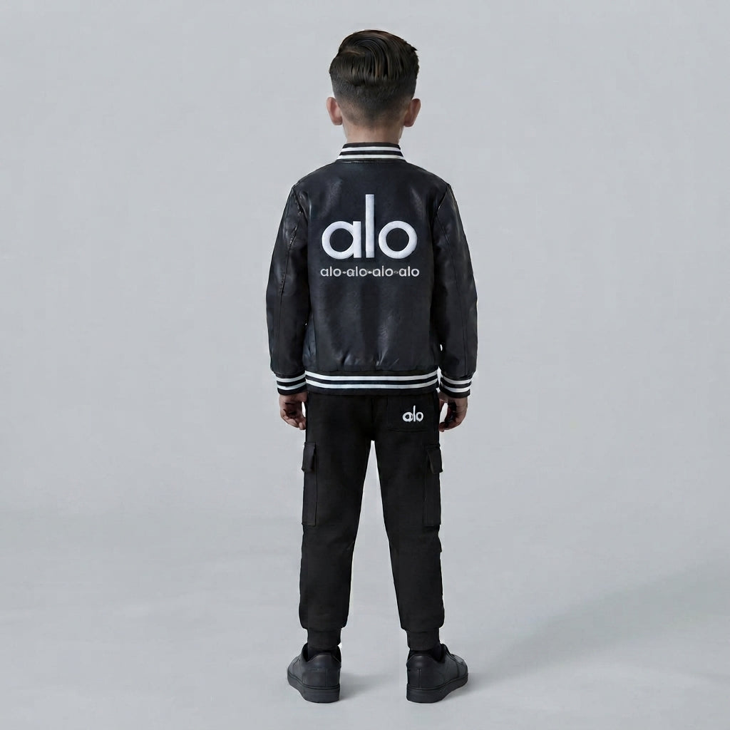 Black Faux Leather Bomber Jacket, White Logo Hoodie, and Black Cargo Joggers Secondary image