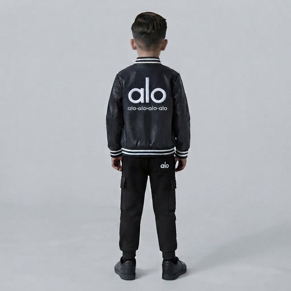 Black Faux Leather Bomber Jacket Set — Photo 2