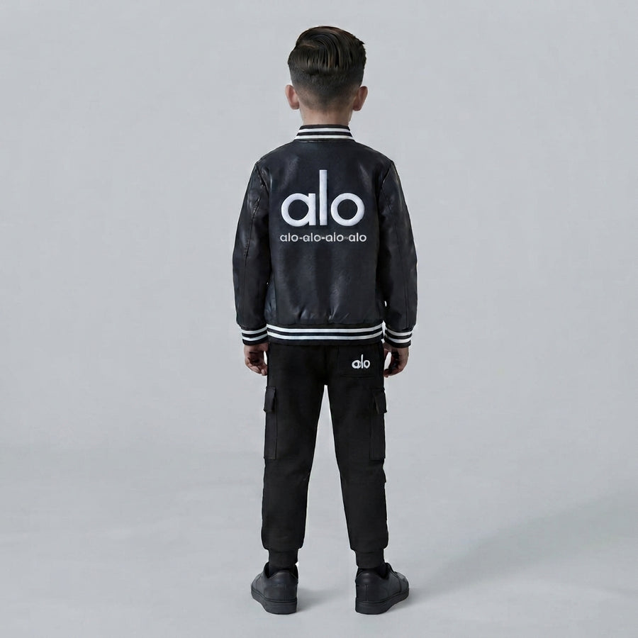 Black Faux Leather Bomber Jacket Set — Photo 2