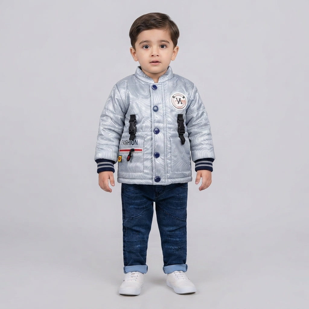 Boys Silver Puffer Jacket & Denim Jeans Set