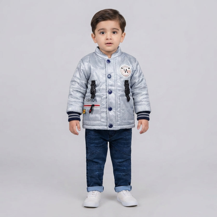 Boys Silver Puffer Jacket & Denim Jeans Set