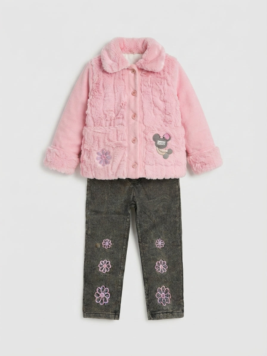 Girls Pink Faux Fur & Floral Denim Set — Photo 2