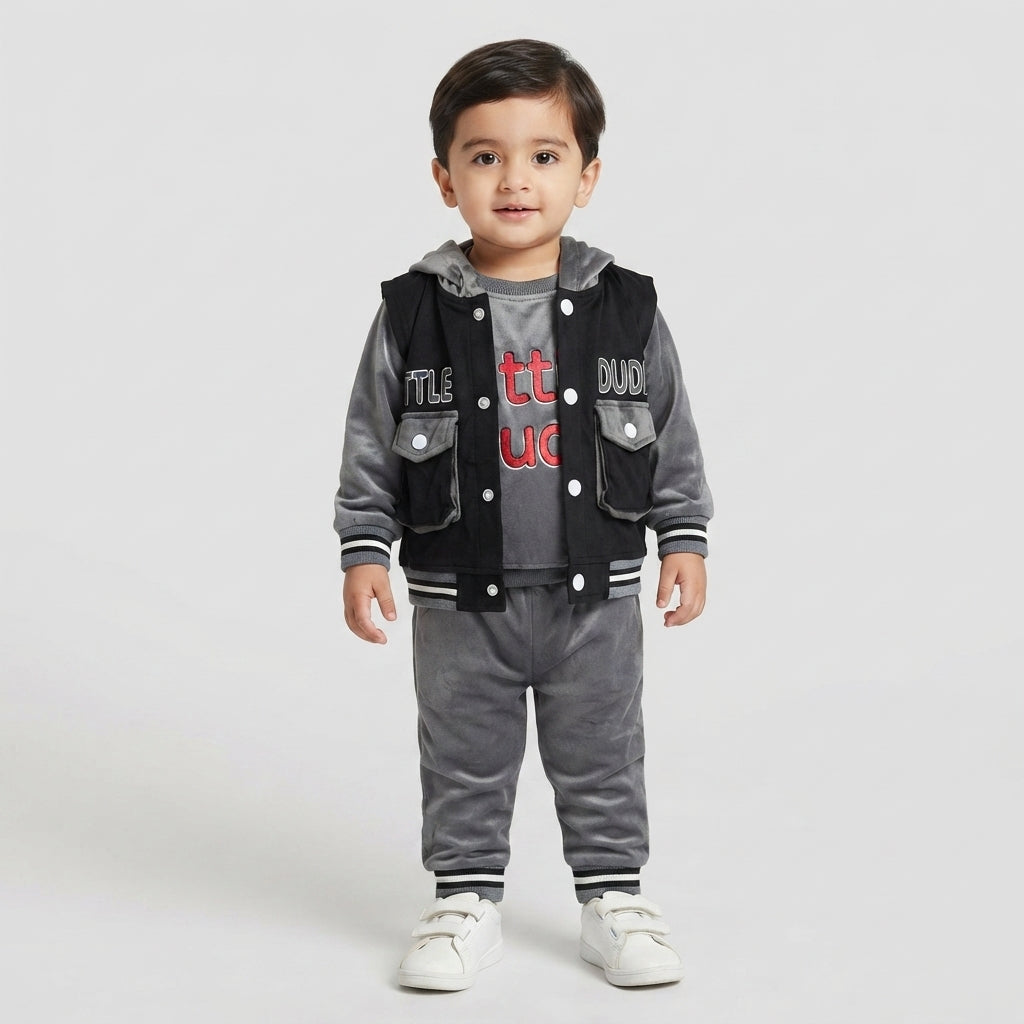 Boys Grey Velvet 3-Piece "Little Dude" Vest and Tracksuit Set