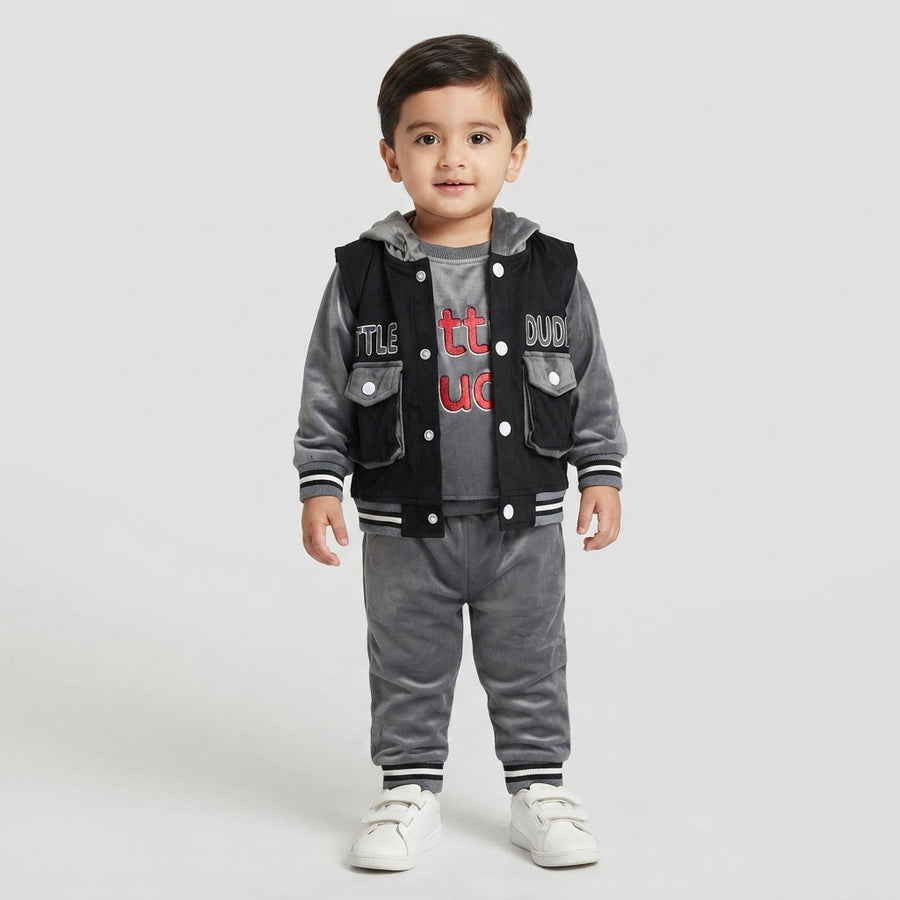 Boys Grey Velvet 3-Piece "Little Dude" Vest and Tracksuit Set