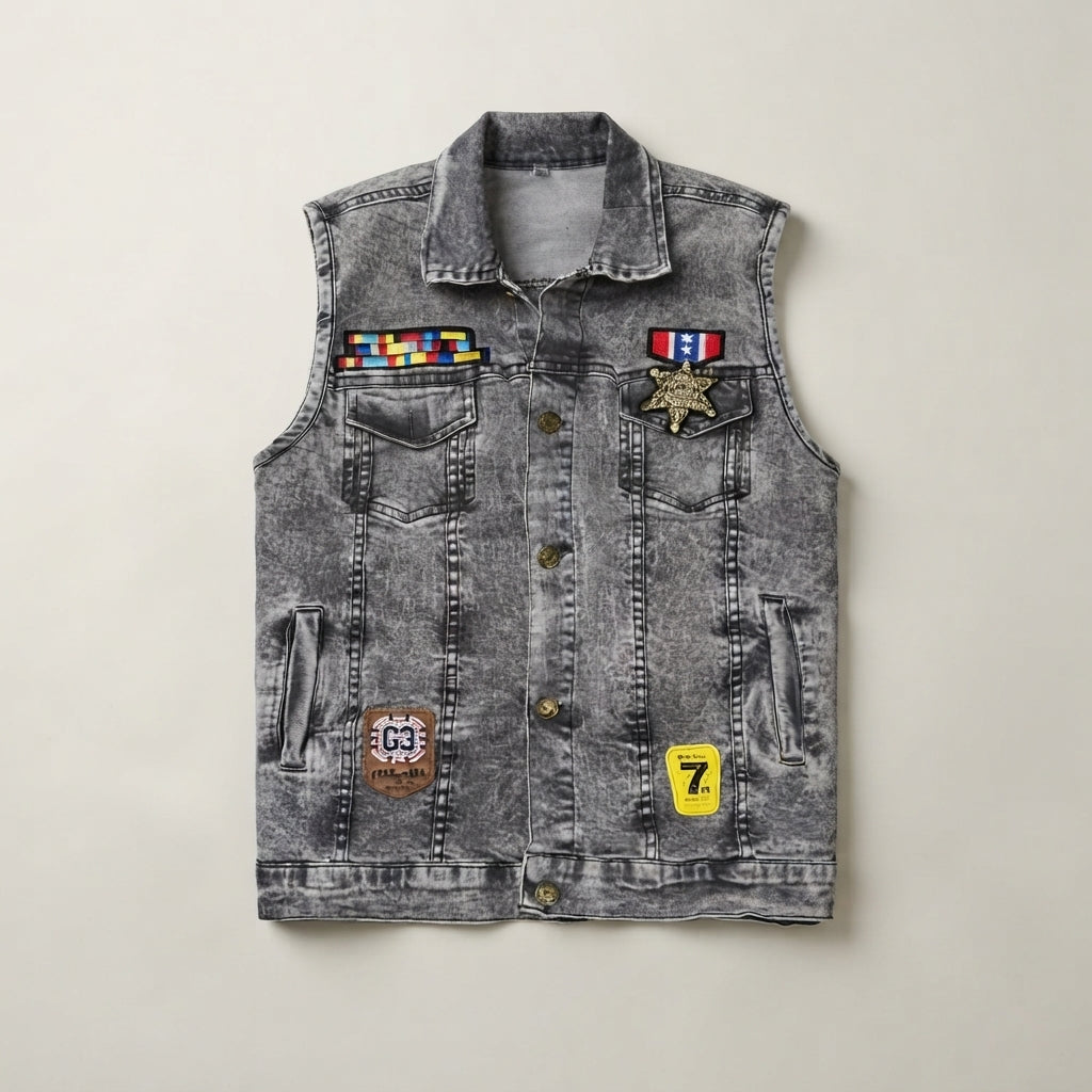 Boys Acid Wash Denim Vest with Military Patches and — Photo 2