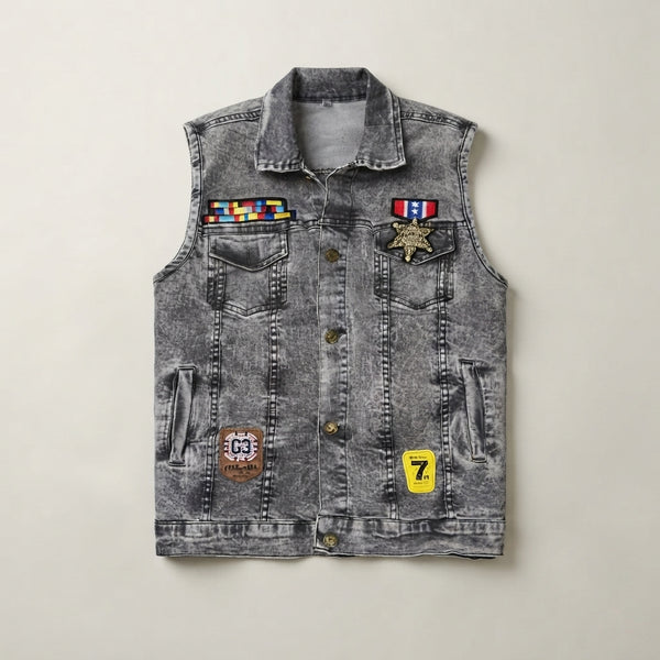 Boys Acid Wash Denim Vest with Military Patches and — Photo 2
