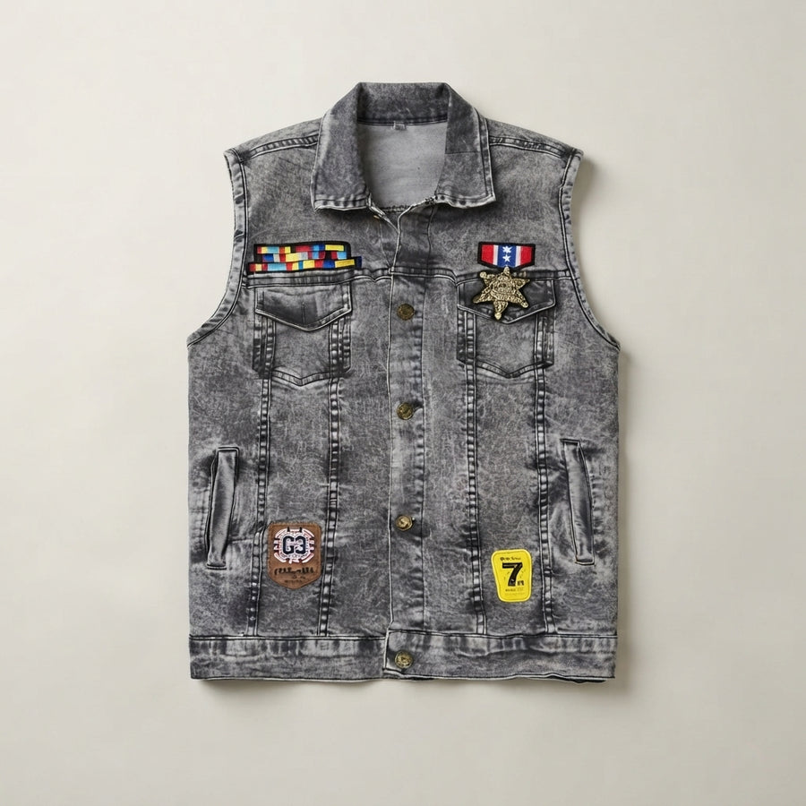 Boys Acid Wash Denim Vest with Military Patches and — Photo 2