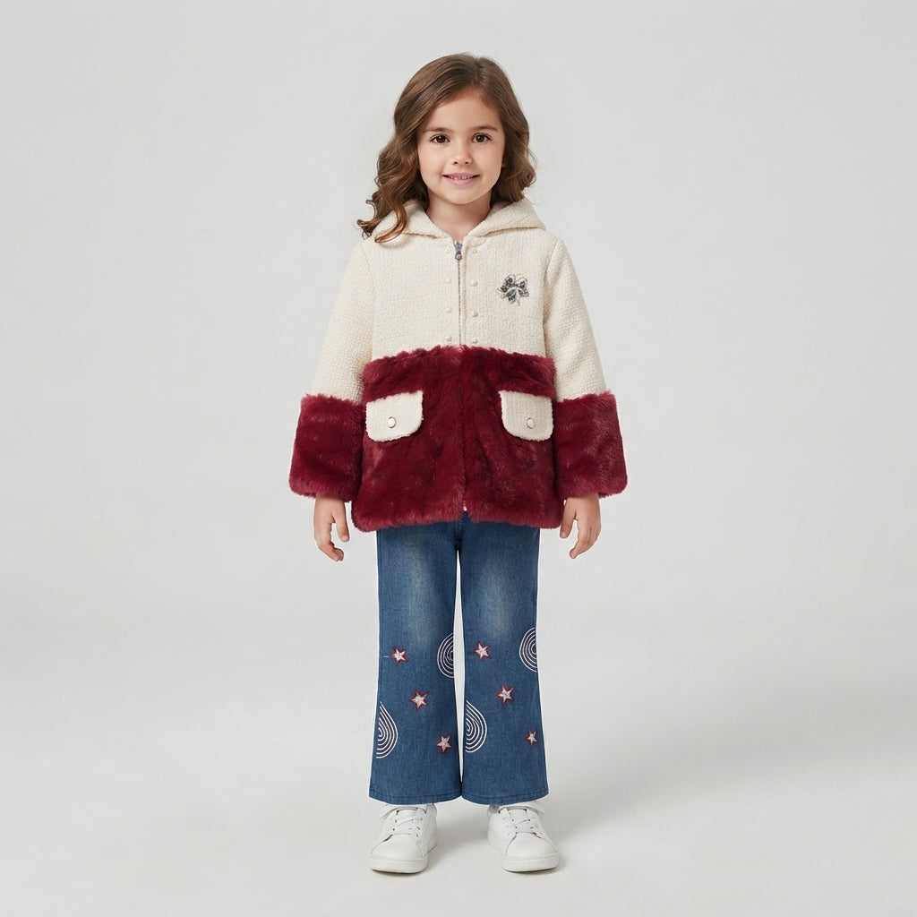 Girls Cream and Burgundy Furry-Accented Hoodie and Embroidered Denim Set