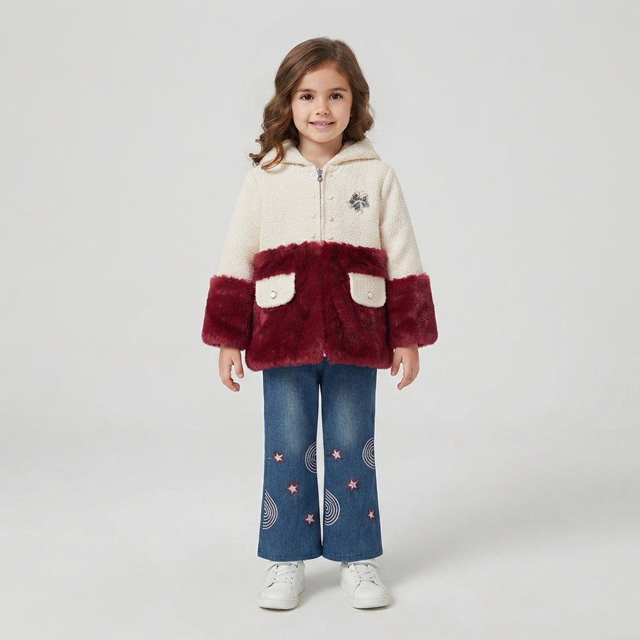 Girls Cream and Burgundy Furry-Accented Hoodie and Embroidered Denim Set