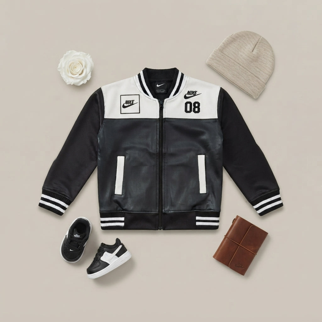 Boys' Black and White Colorblock Bomber Jacket with Striped Ribbed Trim and "08" Graphic