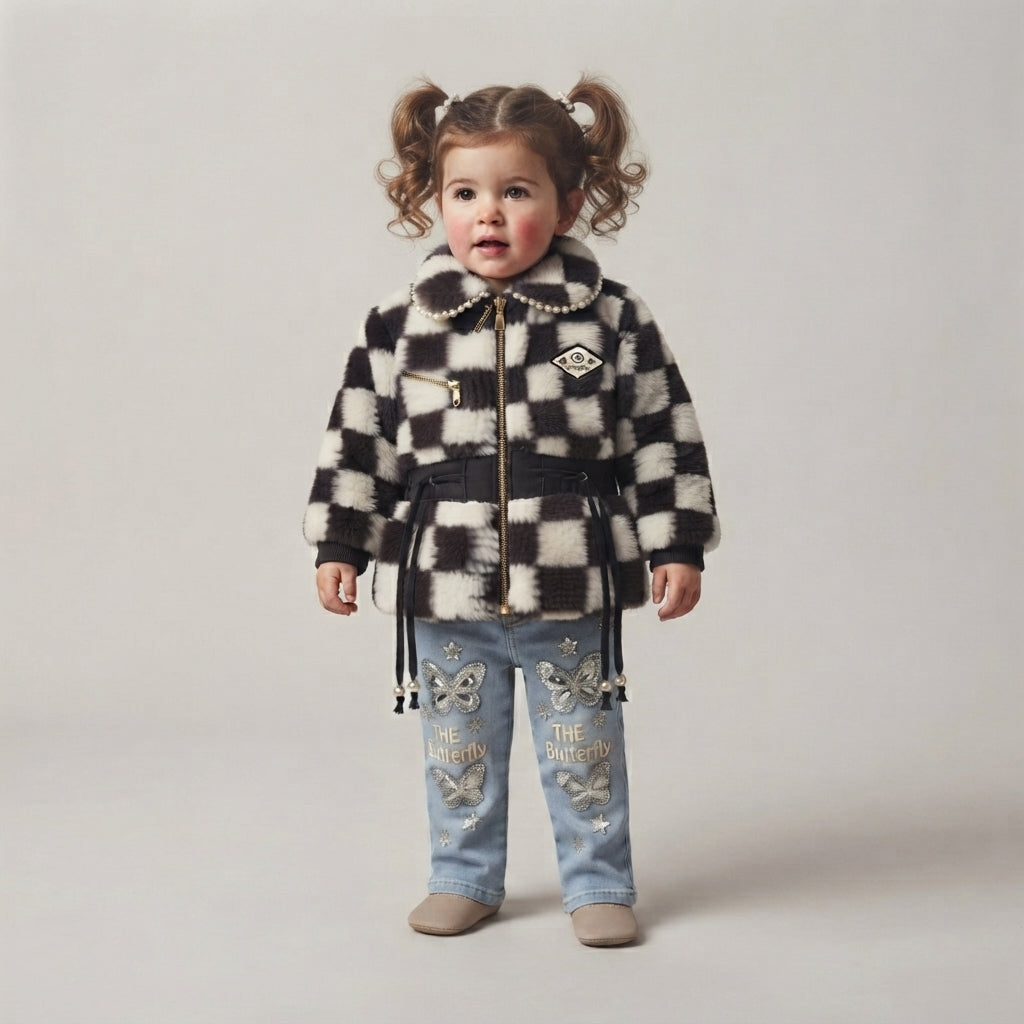 The Butterfly Dream Set – Black & White Checkered Faux Fur Jacket with Embroidered Denim Jeans