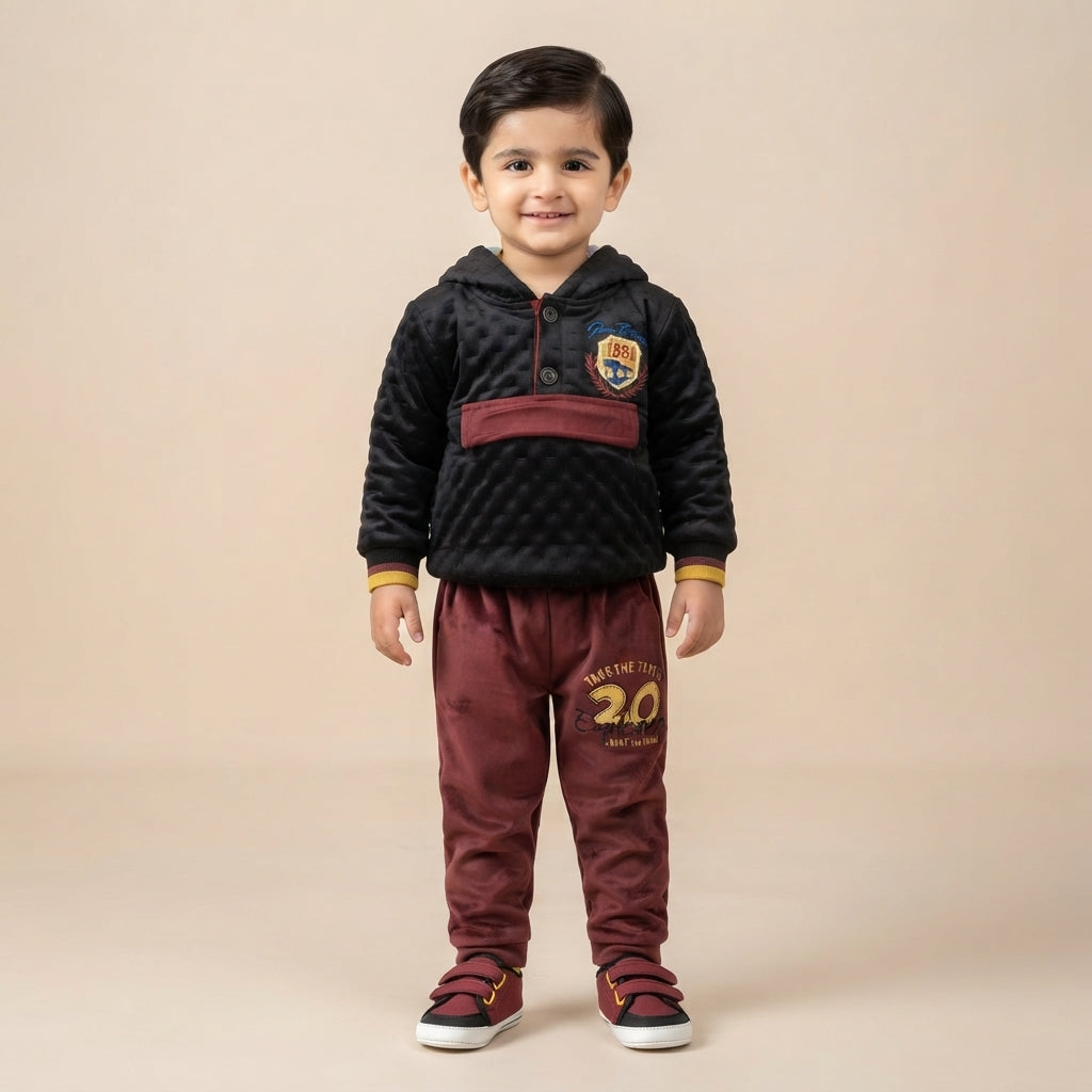 Boys Black & Maroon Winter Hoodie Set