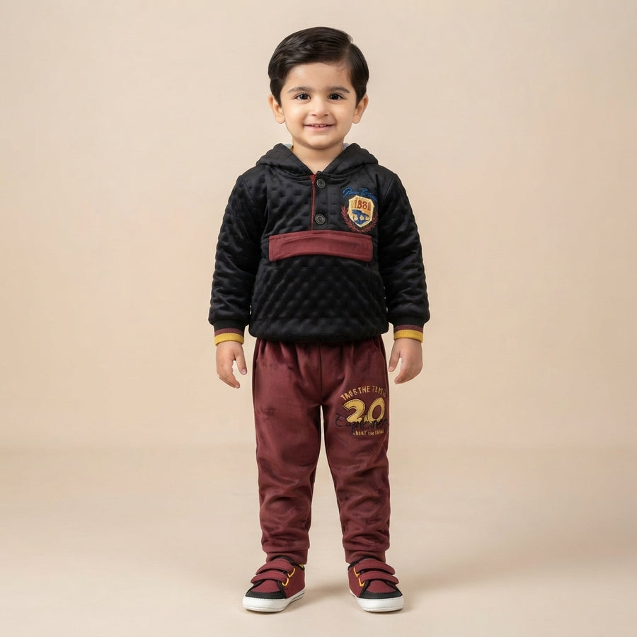 Boys Black & Maroon Winter Hoodie Set
