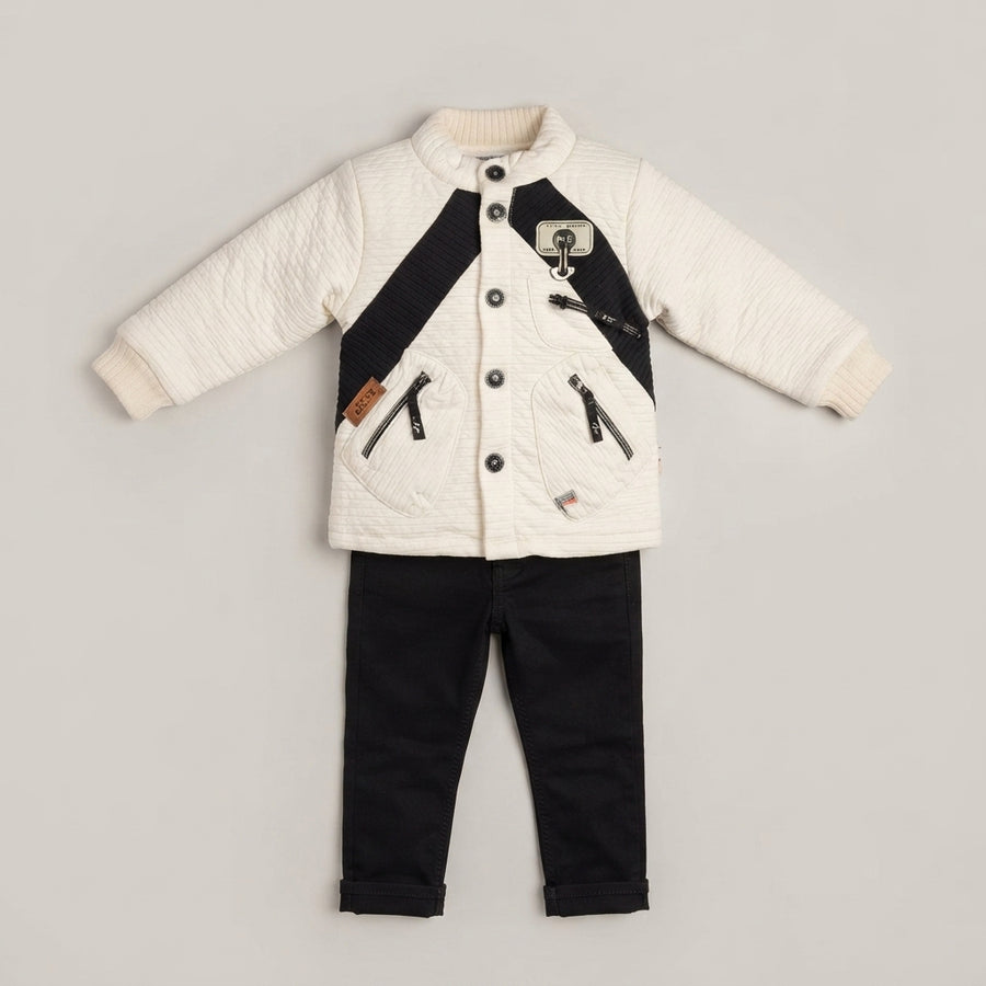 Boys Off-White & Black Quilted Winter Jacket Set