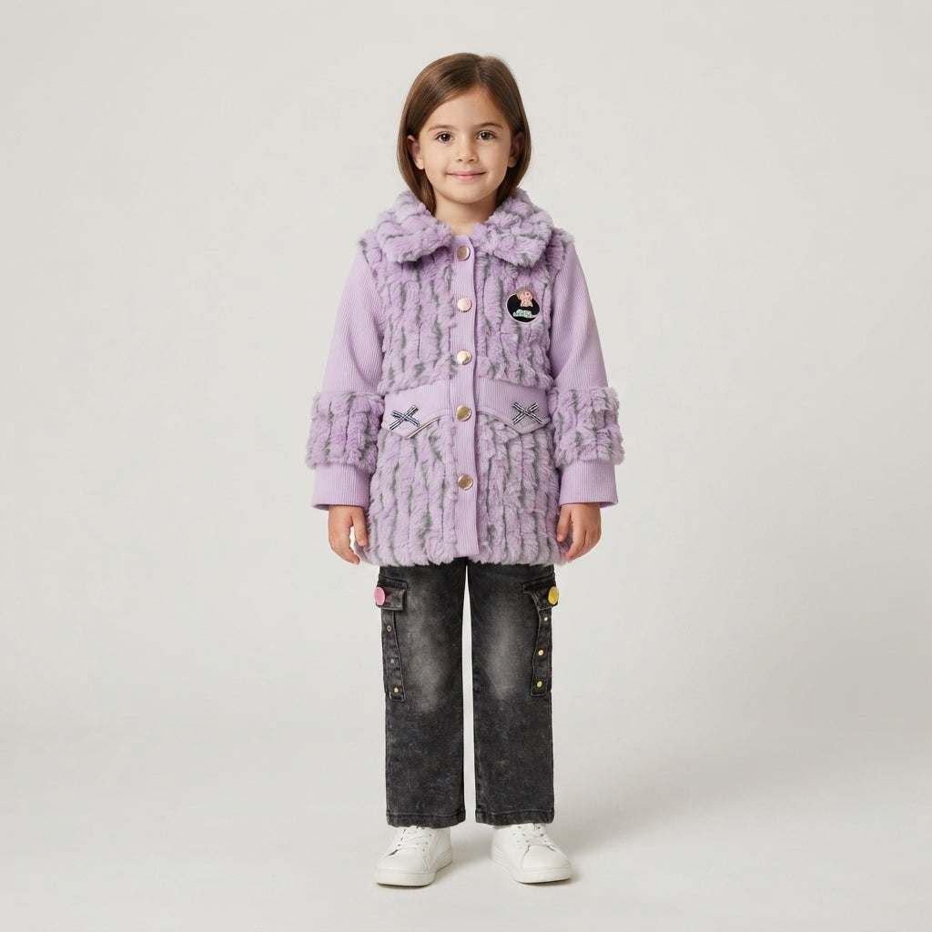 Girls Purple Fux-Fur Coat & Acid-Wash Cargo Pants Set