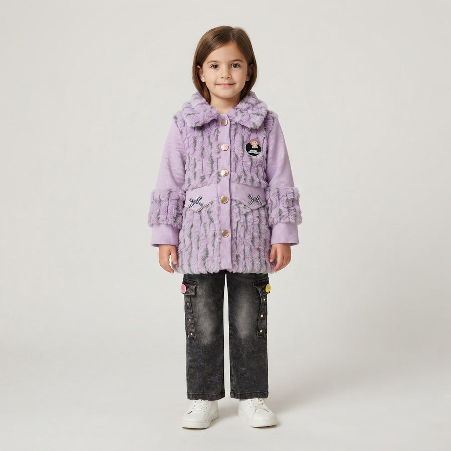 Girls Purple Fux-Fur Coat & Acid-Wash Cargo Pants Set