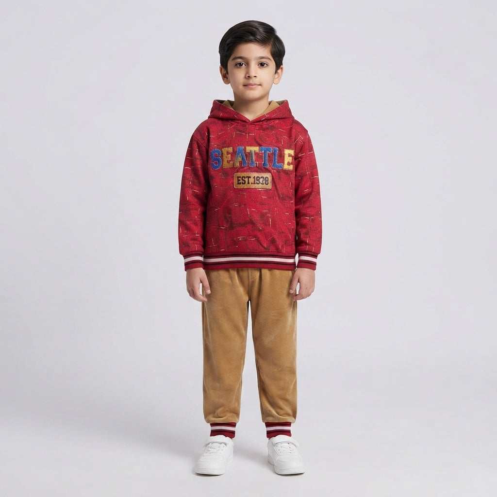 Boys Red Hooded Sweatshirt & Khaki Velvet Tracksuit