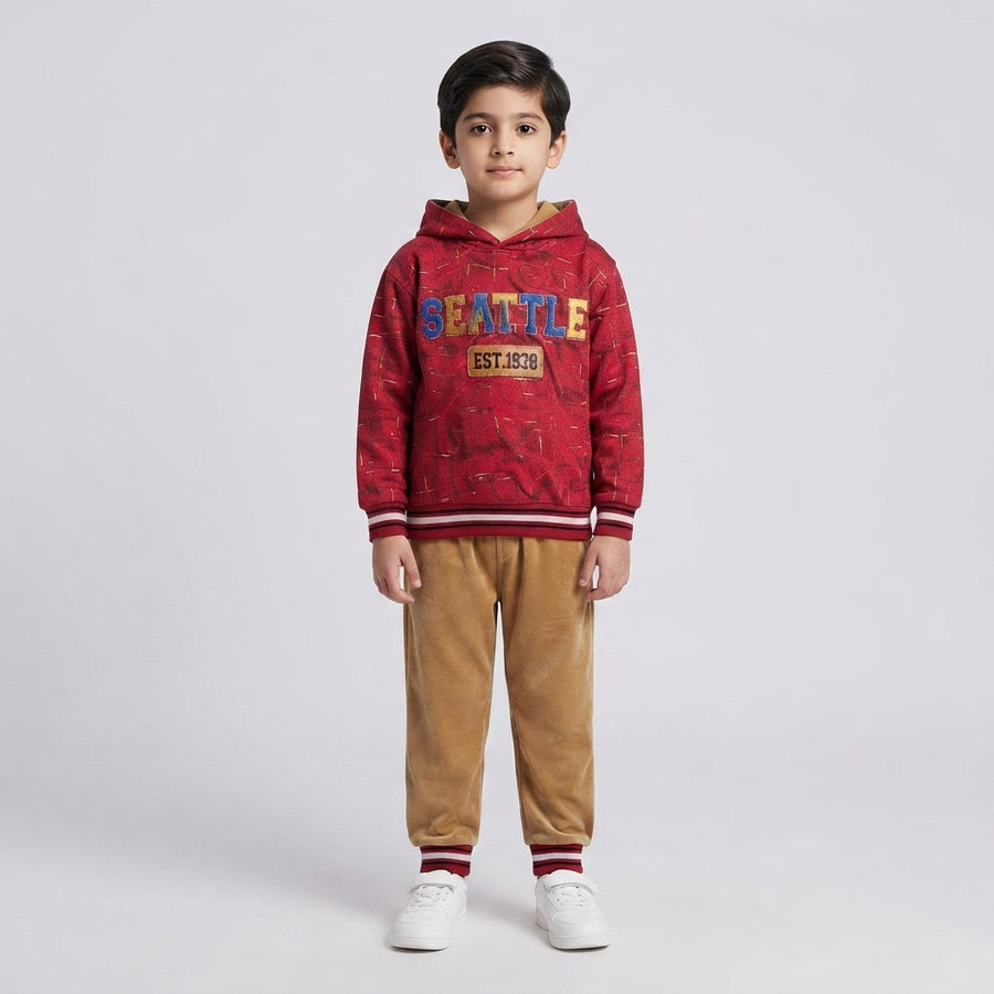 Boys Red Hooded Sweatshirt & Khaki Velvet Tracksuit